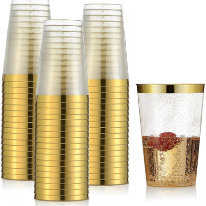Gold Rim Disposable Hard Plastic Cups – 300ML/10OZ Elegant Clear Cups for Tiramisu, Wedding, Birthday & Party (Gold/Silver/Rose Gold/Gold Powder Rim, 25pcs/pack)
