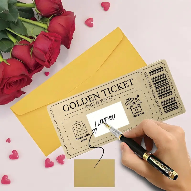 Golden Ticket Scratch Card, DIY Fill-in Voucher with Scratch Sticker for Valentine's Day, Birthday Invitation & Thank You Card