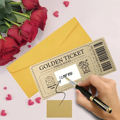 Golden Ticket Scratch Card, DIY Fill-in Voucher with Scratch Sticker for Valentine's Day, Birthday Invitation & Thank You Card