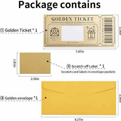 Golden Ticket Scratch Card, DIY Fill-in Voucher with Scratch Sticker for Valentine's Day, Birthday Invitation & Thank You Card