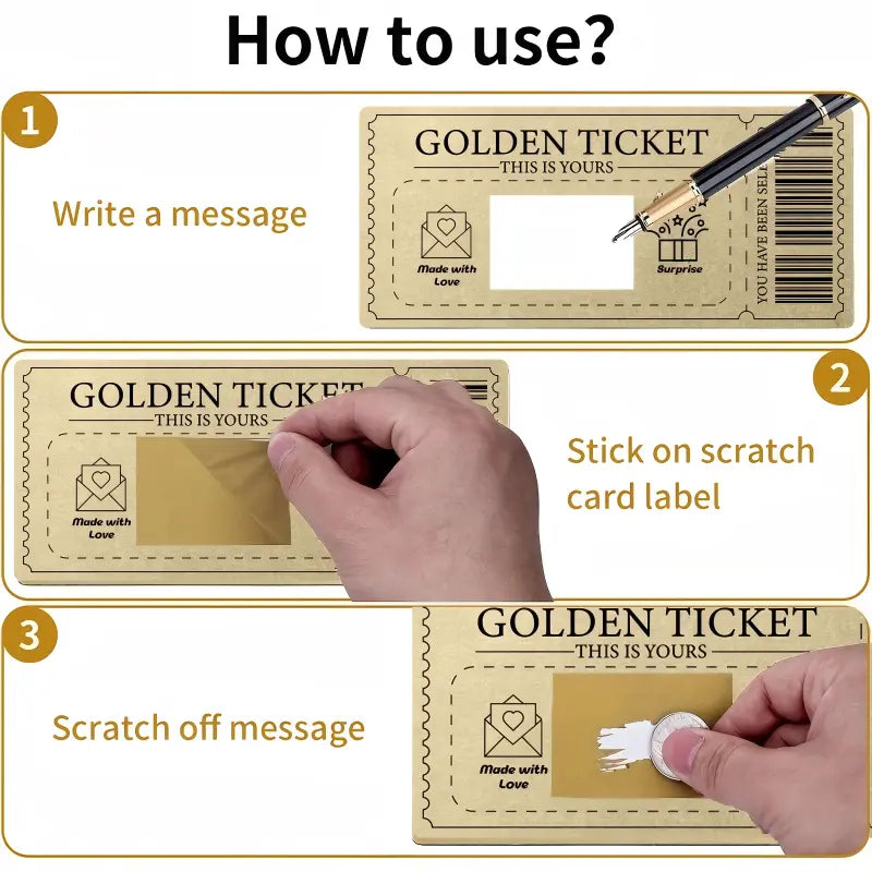 Golden Ticket Scratch Card, DIY Fill-in Voucher with Scratch Sticker for Valentine's Day, Birthday Invitation & Thank You Card