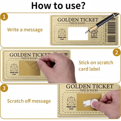 Golden Ticket Scratch Card, DIY Fill-in Voucher with Scratch Sticker for Valentine's Day, Birthday Invitation & Thank You Card