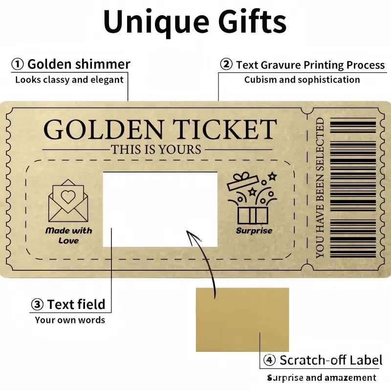 Golden Ticket Scratch Card, DIY Fill-in Voucher with Scratch Sticker for Valentine's Day, Birthday Invitation & Thank You Card