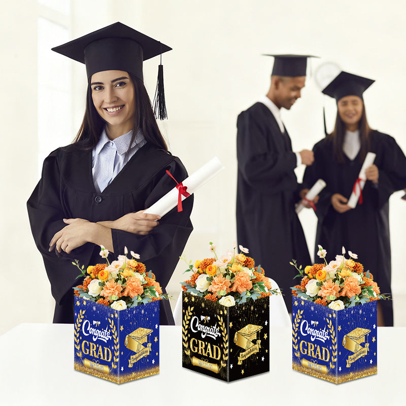 Square Graduation Flower Box | 20cm Cardboard Cube for Bouquet Arrangements | Blue & Black