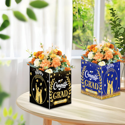 Square Graduation Flower Box | 20cm Cardboard Cube for Bouquet Arrangements | Blue & Black