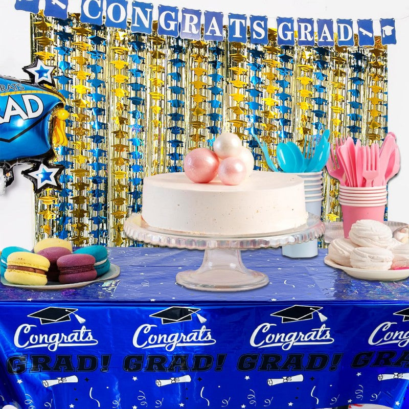 Disposable Tablecloth for Graduation Party | Waterproof PET Plastic Table Cover | Gold & Blue