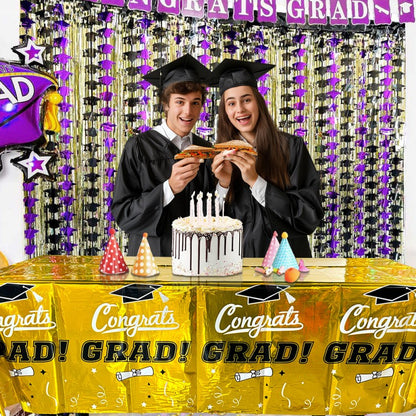 Disposable Tablecloth for Graduation Party | Waterproof PET Plastic Table Cover | Gold & Blue