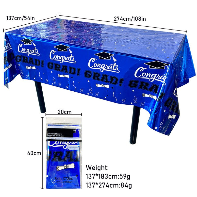 Disposable Tablecloth for Graduation Party | Waterproof PET Plastic Table Cover | Gold & Blue