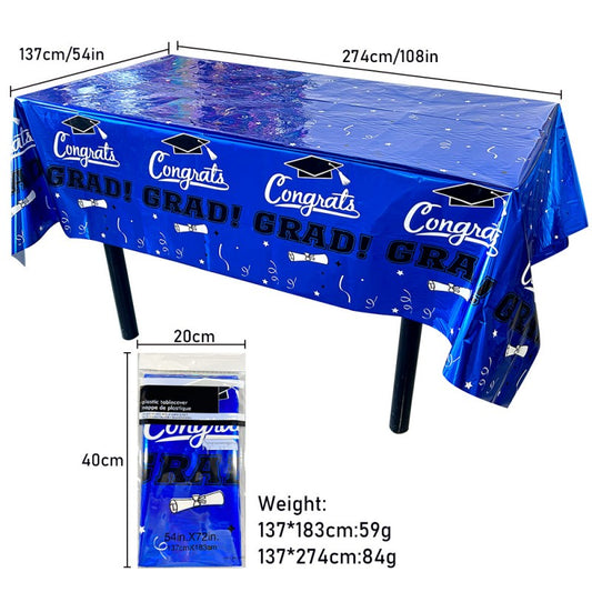 Disposable Tablecloth for Graduation Party | Waterproof PET Plastic Table Cover | Gold & Blue