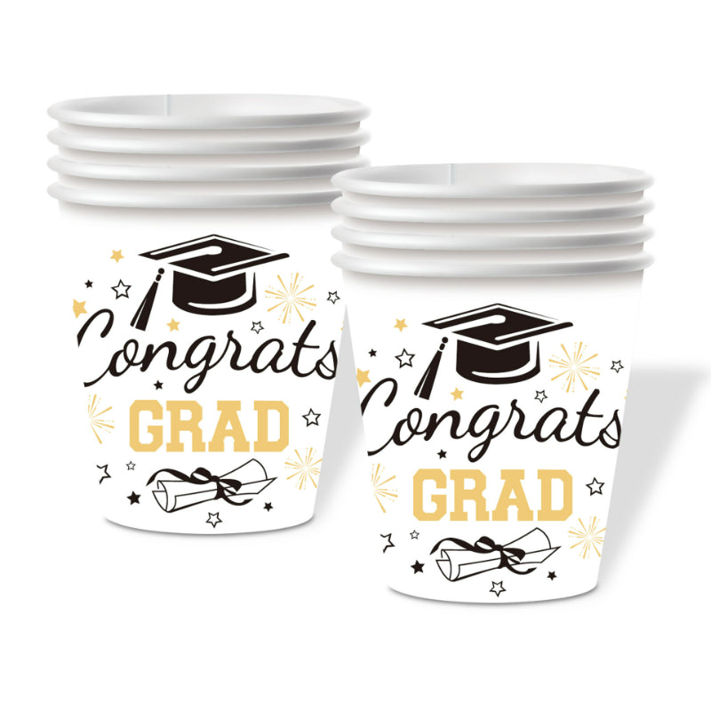 Graduation party tableware 9oz paper drinking cups stacked pair view