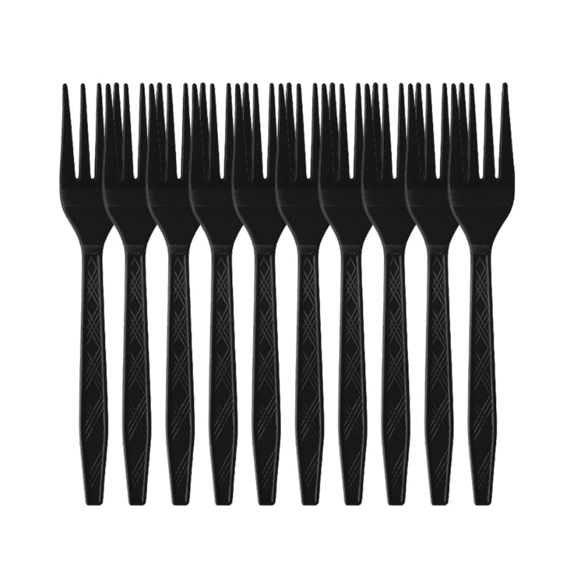 Graduation party tableware black plastic dining forks aligned in row