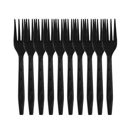 Graduation party tableware black plastic dining forks aligned in row