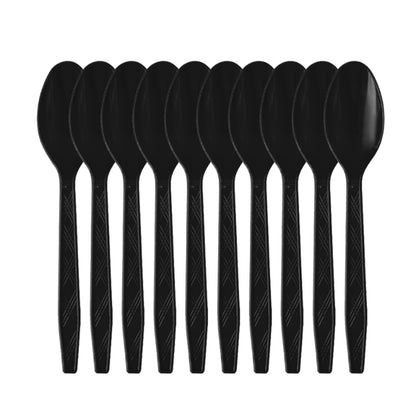 Graduation party tableware black plastic dessert spoons aligned in row
