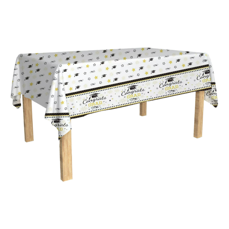 Graduation party tableware rectangular printed plastic tablecloth draped on table