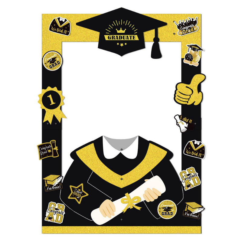 Graduation photo booth frame black gold cutout structure front view