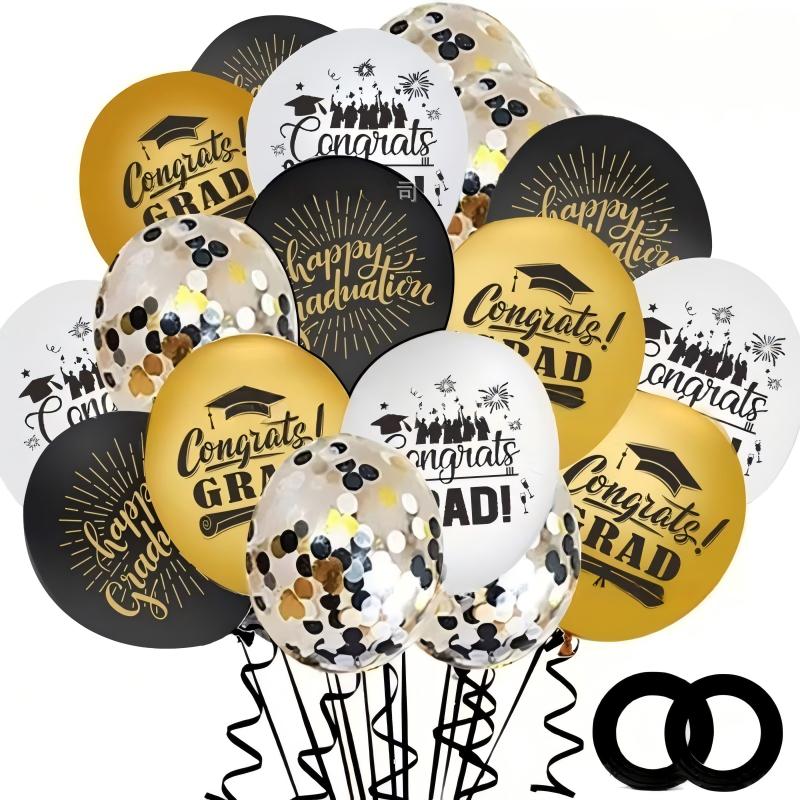 Graduation Balloon Set | Black & Gold Theme 50pcs | 12" Confetti & Chrome Balloons