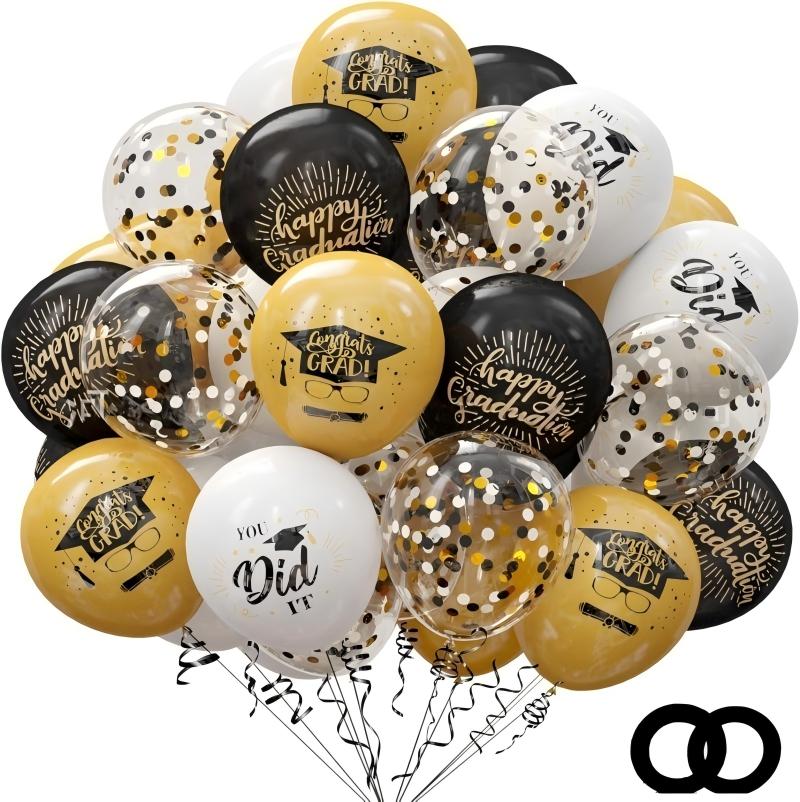 Graduation Balloon Set | Black & Gold Theme 50pcs | 12" Confetti & Chrome Balloons