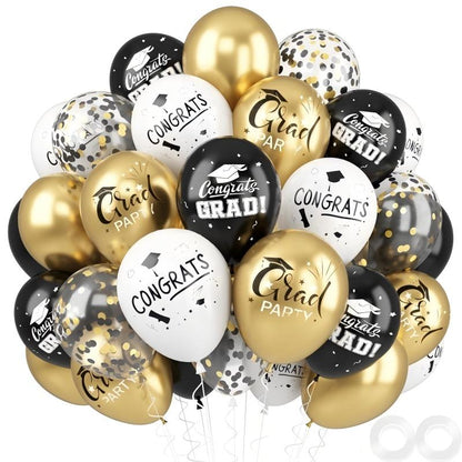 Graduation Balloon Set | Black & Gold Theme 50pcs | 12" Confetti & Chrome Balloons