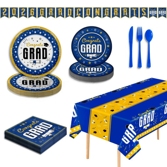 2026 Graduation Party Tableware Set | Disposable Plates, Napkins, Cutlery & Tablecloth | Black & Blue Theme