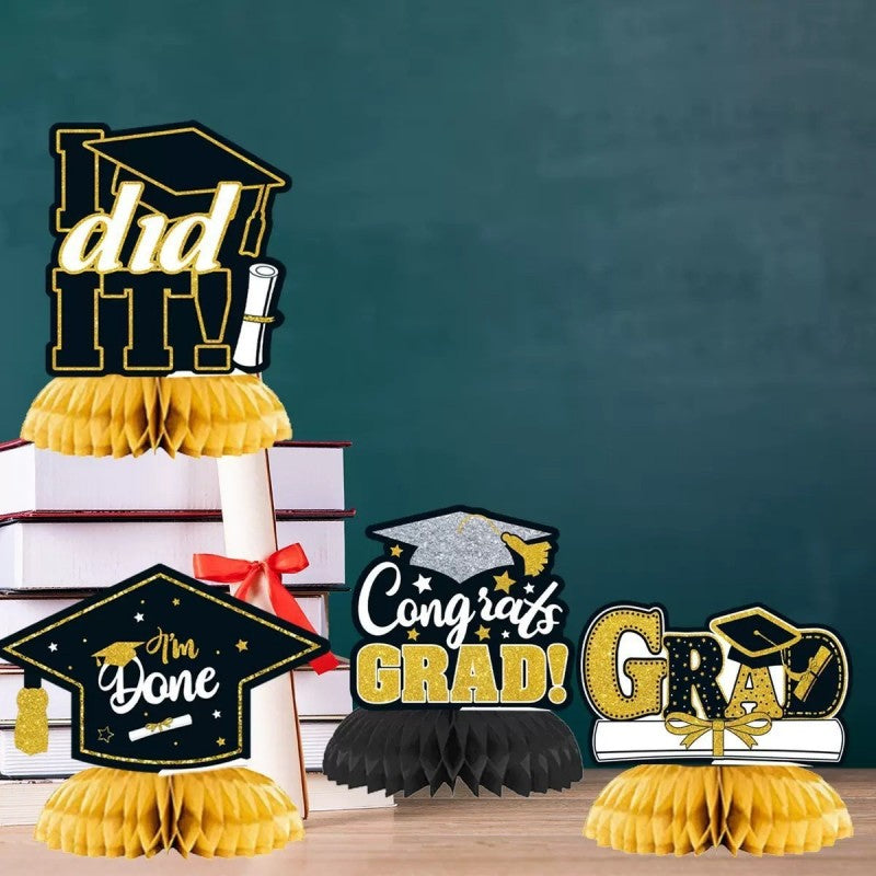 Graduation Party Honeycomb Centerpieces | 9pcs Set Cardboard Decor | Congrats Grad
