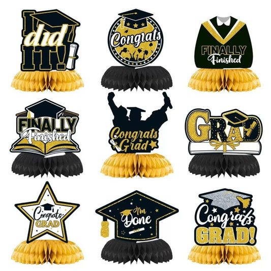 Graduation Party Honeycomb Centerpieces | 9pcs Set Cardboard Decor | Congrats Grad