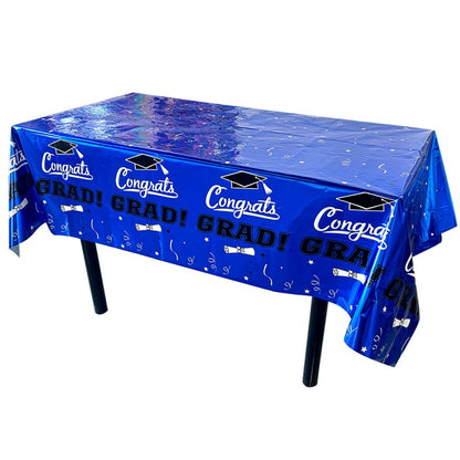 Disposable Tablecloth for Graduation Party | Waterproof PET Plastic Table Cover | Gold & Blue