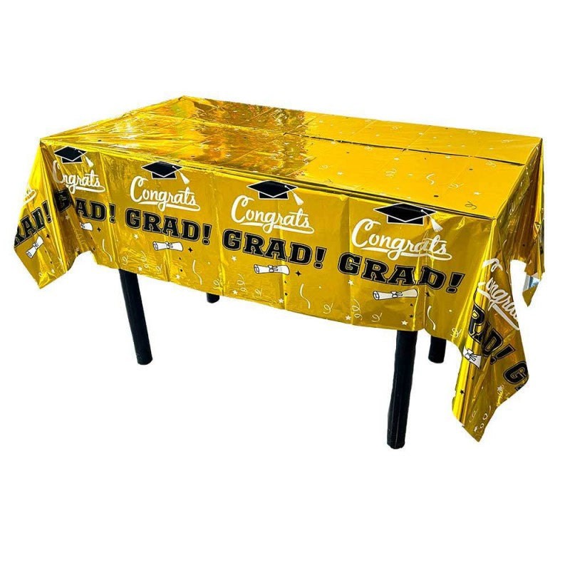Disposable Tablecloth for Graduation Party | Waterproof PET Plastic Table Cover | Gold & Blue
