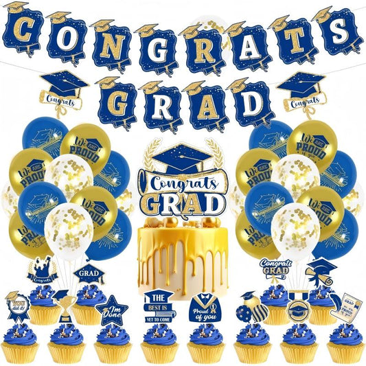 Blue & Gold Graduation Party Decoration Set | Backdrop, Balloons, Banner & Cake Topper