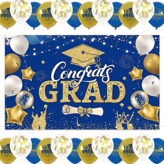 Blue & Gold Graduation Party Decoration Set | Backdrop, Balloons, Banner & Cake Topper