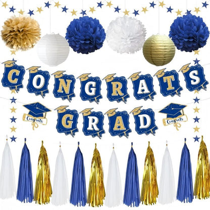 Blue & Gold Graduation Party Decoration Set | Backdrop, Balloons, Banner & Cake Topper