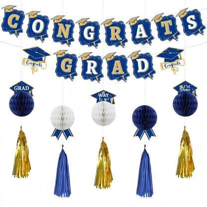 Blue & Gold Graduation Party Decoration Set | Backdrop, Balloons, Banner & Cake Topper
