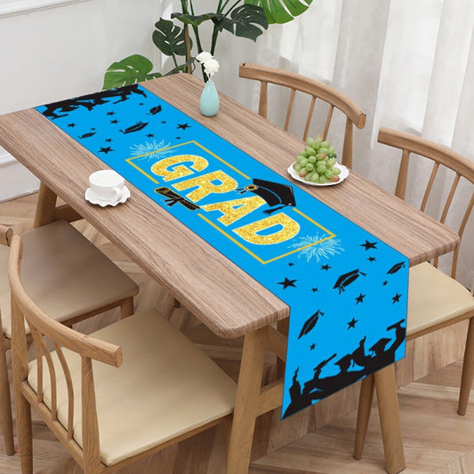 Graduation Table Runner | Polyester Fabric 35x180cm | Black & Gold Cap & Diploma Design