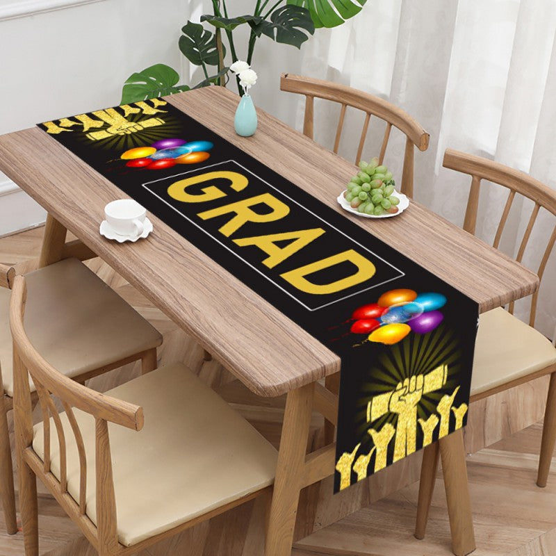 Graduation Table Runner | Polyester Fabric 35x180cm | Black & Gold Cap & Diploma Design