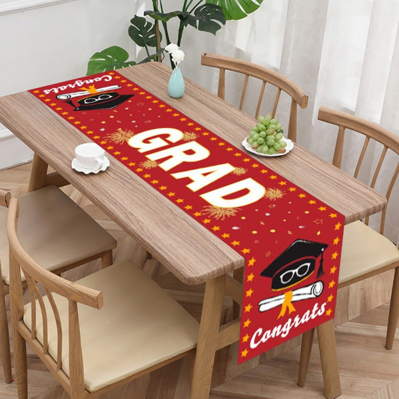 Graduation Table Runner | Polyester Fabric 35x180cm | Black & Gold Cap & Diploma Design