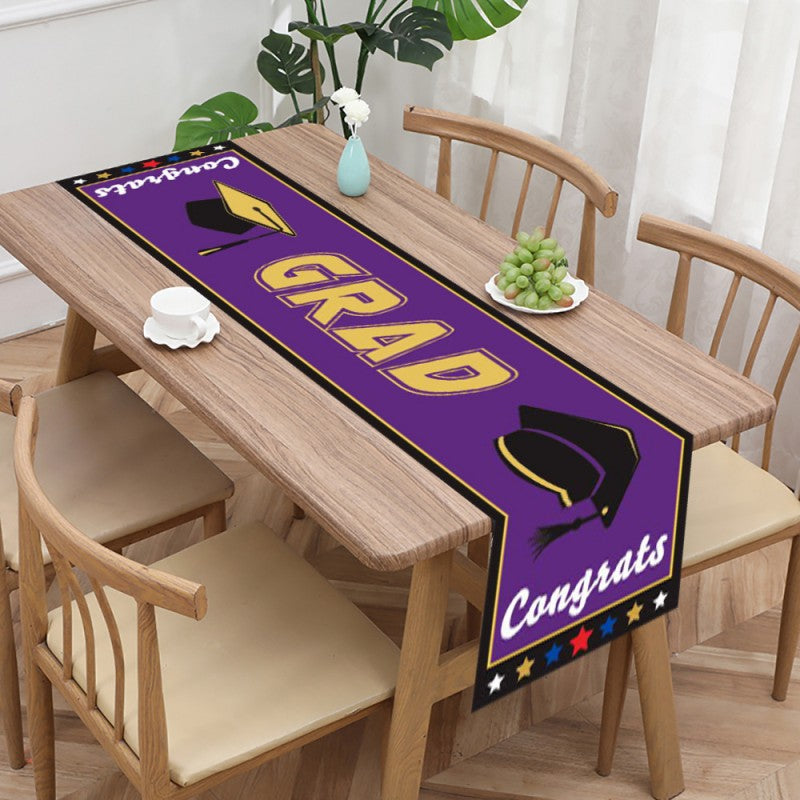 Graduation Table Runner | Polyester Fabric 35x180cm | Black & Gold Cap & Diploma Design