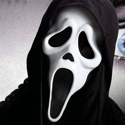 Gray screaming ghost latex Halloween mask with elongated mouth and dark eye openings