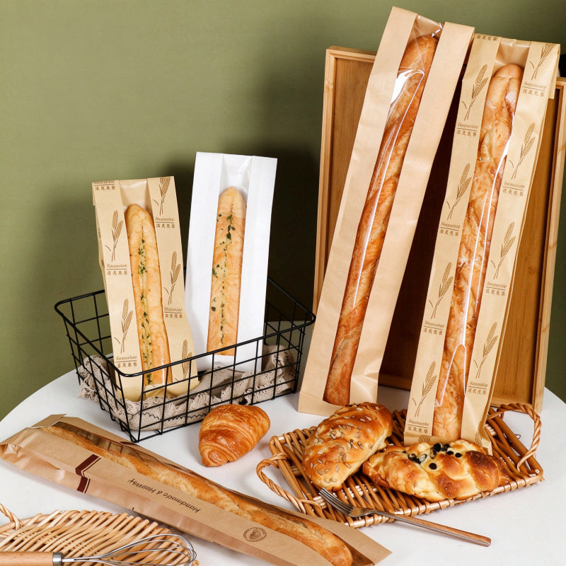 Kraft baguette bag assorted short and long sleeves comparing lengths and graphic prints