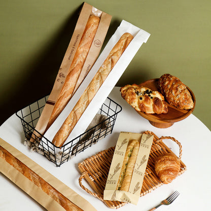 Kraft baguette bag extra-long 59cm sleeves standing upright with full-length clear windows