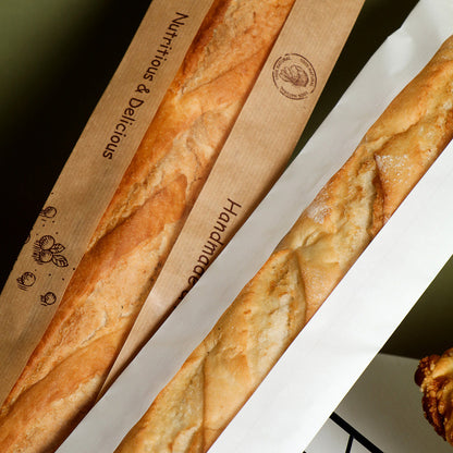 Kraft baguette bag close-up detail showing transparent central film and side paper folds