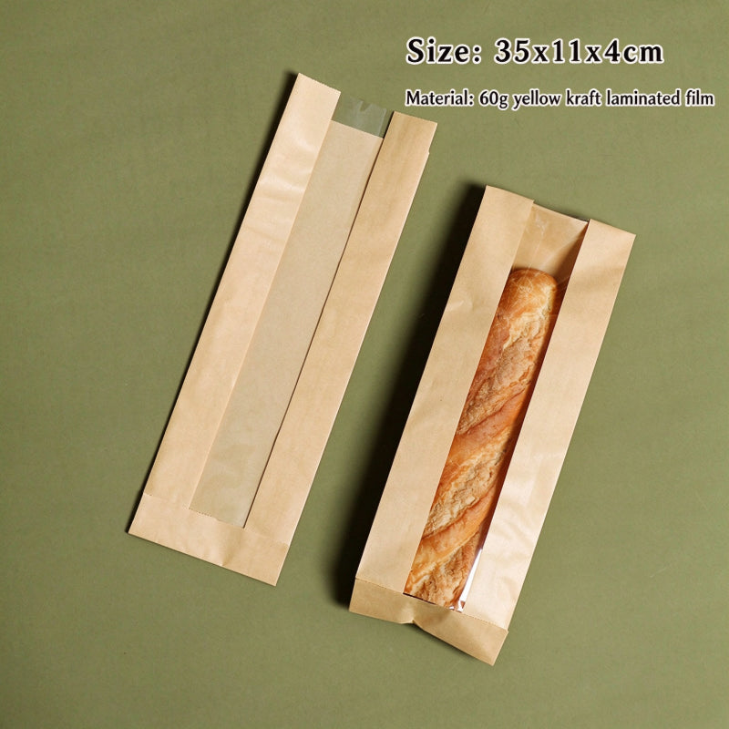 Kraft baguette bag 35x11x4cm natural brown short sleeve showing clear center window