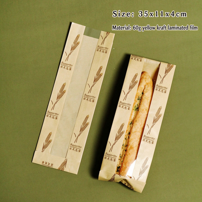 Kraft baguette bag 35x11x4cm short sleeve featuring wheat stalk print and clear window