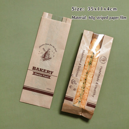 Kraft baguette bag 35x11x4cm short sleeve with vintage windmill bakery print and window