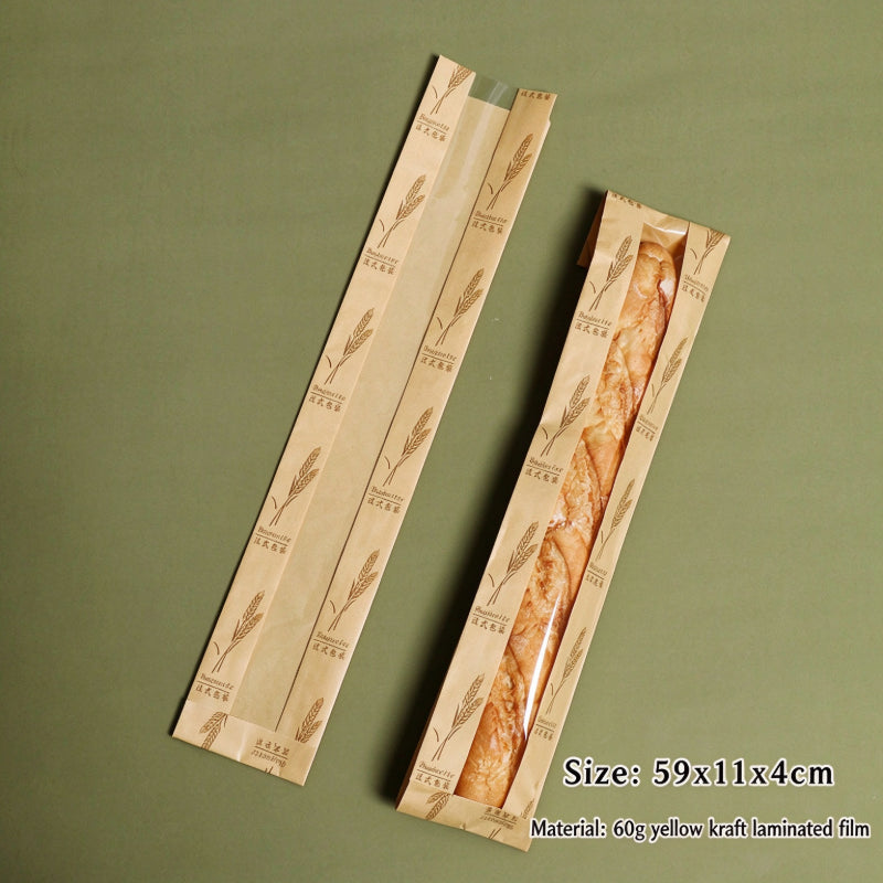 Kraft baguette bag 59x11x4cm long sleeve with wheat ear graphic and full-length window