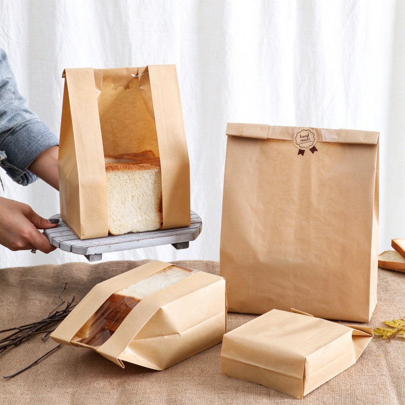 Kraft bread bag standing and flat folded sacks showing bottom seal and expandable side gussets