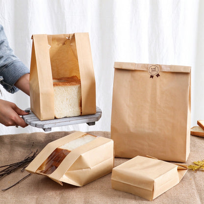 Kraft bread bag standing and flat folded sacks showing bottom seal and expandable side gussets