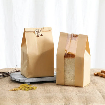 Kraft bread bag medium 30x12x9cm size showing transparent front window and side gussets