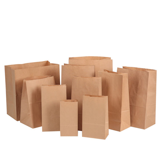 Kraft SOS bag tiered group arrangement showing full size range from small to jumbo