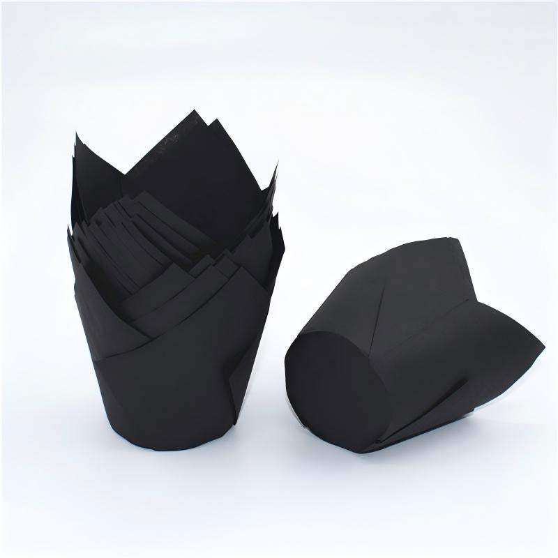 Wholesale greaseproof tulip cupcake baking liners - Solid black 50-pack