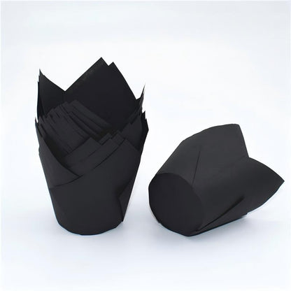 Wholesale greaseproof tulip cupcake baking liners - Solid black 50-pack