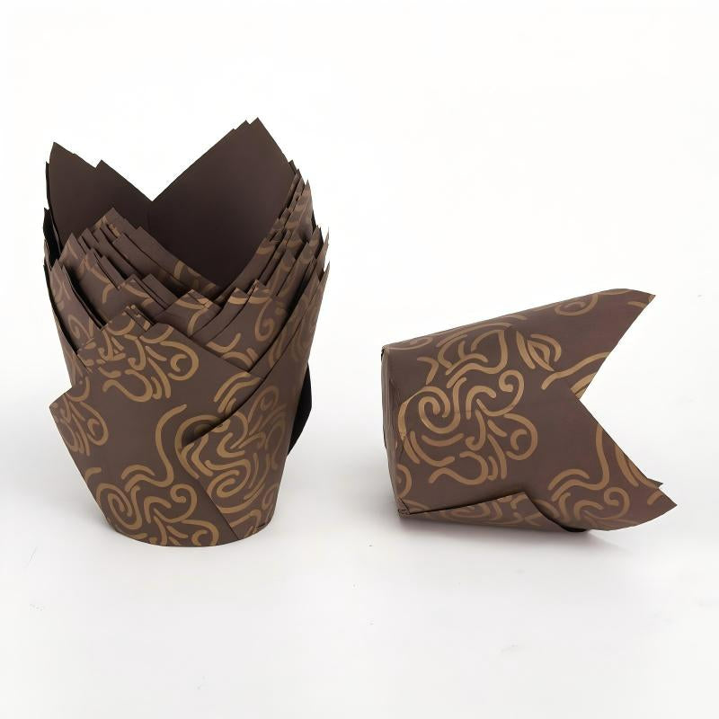 Wholesale greaseproof tulip cupcake baking liners - Brown with gold clouds 50-pack